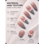 Pink‑Blue Gradient Heart Press‑On Nails, Gentle 3D Bow Rhinestone Almond False Nails